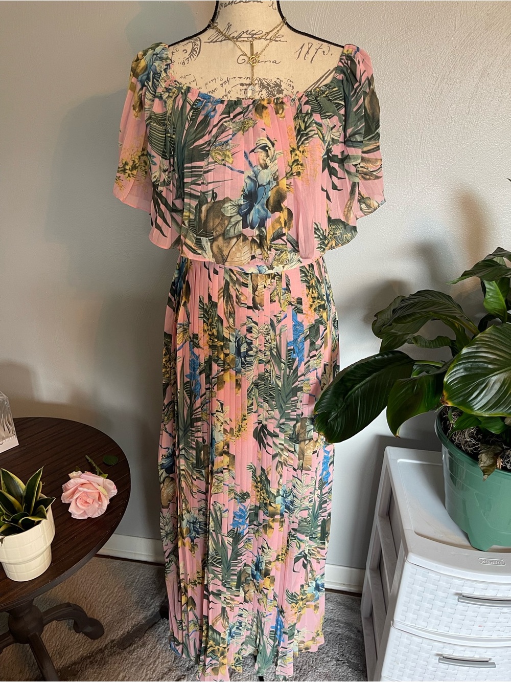 Steps Pink Tropical Floral Pleated Maxi Dress Size S Off Shoulder Boho